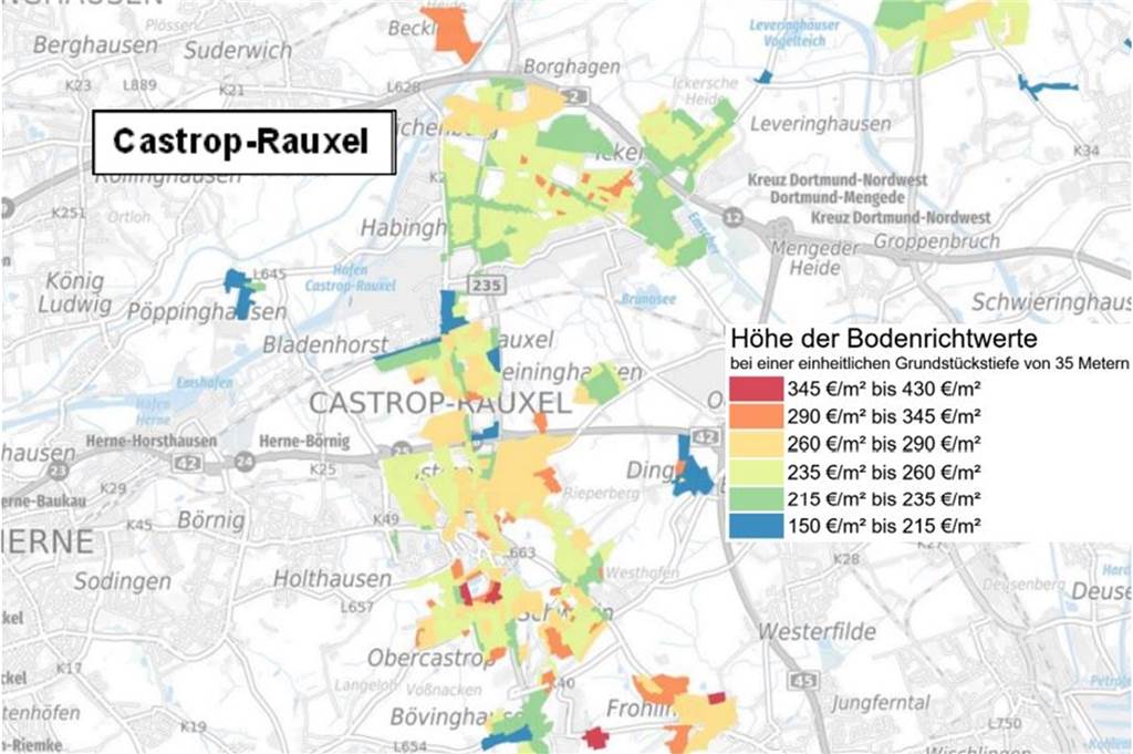 Immobilien: Wo es in Castrop-Rauxel preiswert und besonders teuer ist Diese Karte des Gutachterausschusses zeigt, wie hoch die Bodenrichtwerte in Castrop-Rauxel derzeit sind.