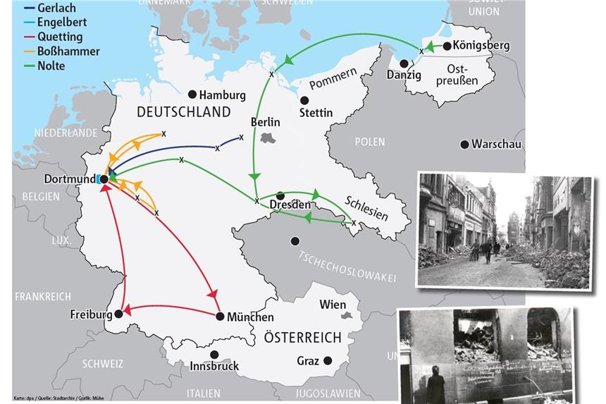Zeitzeugen erinnern sich: Als ein Pferd den Bunker zerstörte Diese Karte mit den Grenzen des Deutschen Reiches während des Zweiten Weltkrieges zeichnet die Wege der fünf Zeitzeugen nach. Die Schwarz-Weiß-Fotos zeigen den zerstörten Westenhellweg (oben) und eine zerstörte Häuserwand, auf der die ausgebombten Bewohner ihre neue Adresse aufschrieben.