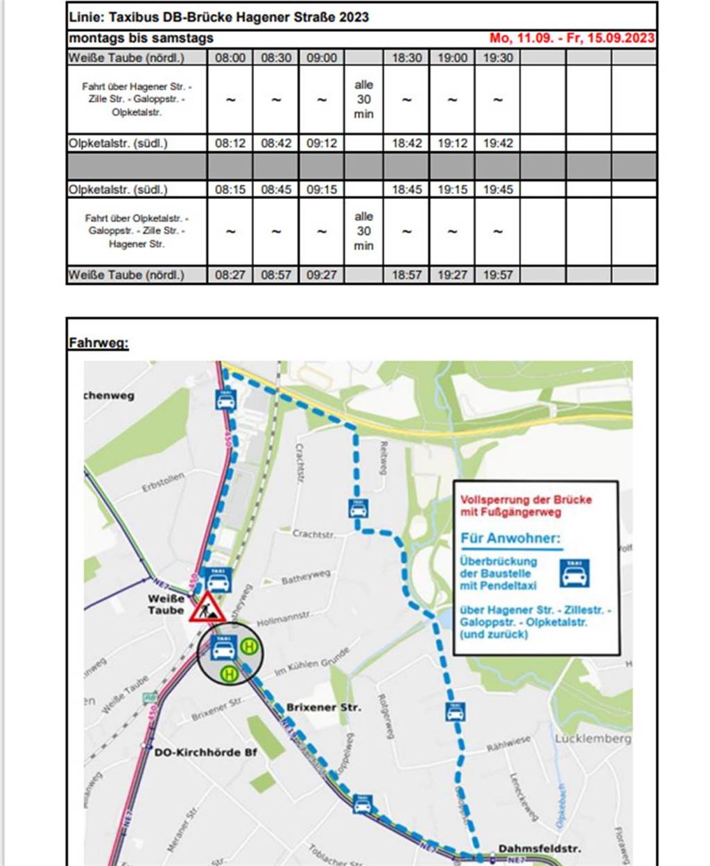 Hagener Straße: Brücken-Abbau beginnt - erneut Pendeltaxis für Anwohner Grafik Pendeltaxis