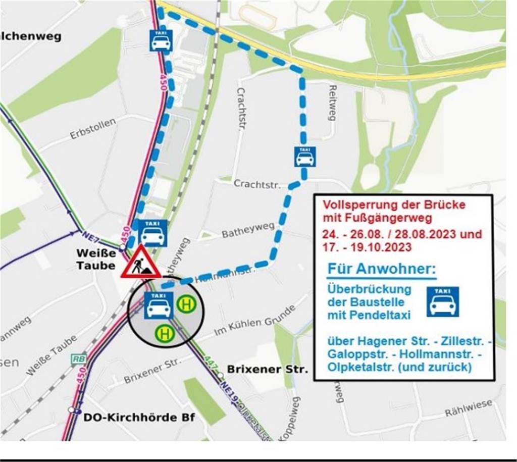 Sperrung und Brückenabriss Hagener Straße: Pendeltaxis für Fußgänger Diese Strecke fahren die kostenlosen Pendeltaxis an den Tagen, an denen die Baustelle auch für Fußgänger nicht passierbar ist.