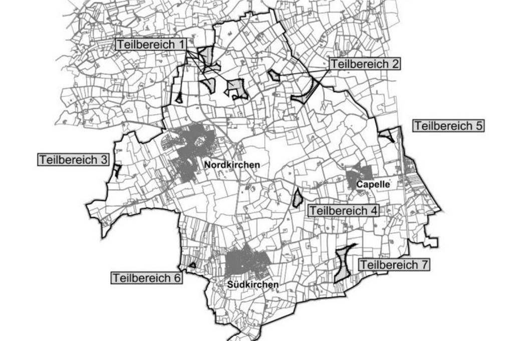 Diese Übersichtskarte der Gemeinde zeigt die sieben Teilbereiche, in denen nach Abzug der - vorläufigen - harten und weichen Tabukriterien Windkraftanlagen möglich wären. Wo die Gemeinde Platz für Windenergie schafft, wird jetzt im Planungsverfahren von der Politik bestimmt.