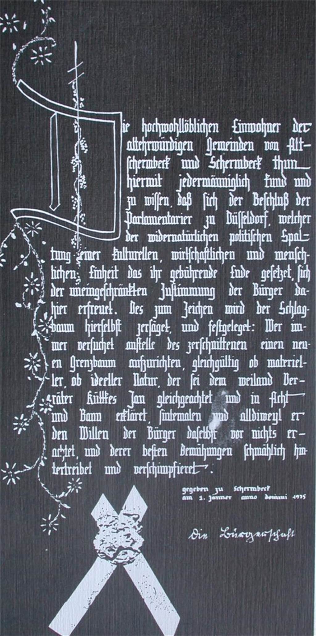 Vor 50 Jahren wurde aus acht Gemeinden das heutige Schermbeck Diese Urkunde, die bis 1993 im Ratssaal der Gemeinde Schermbeck hing, wurde der politischen Gemeinde Schermbeck vom Kirchenchor „Cäcilia“ überreicht.
