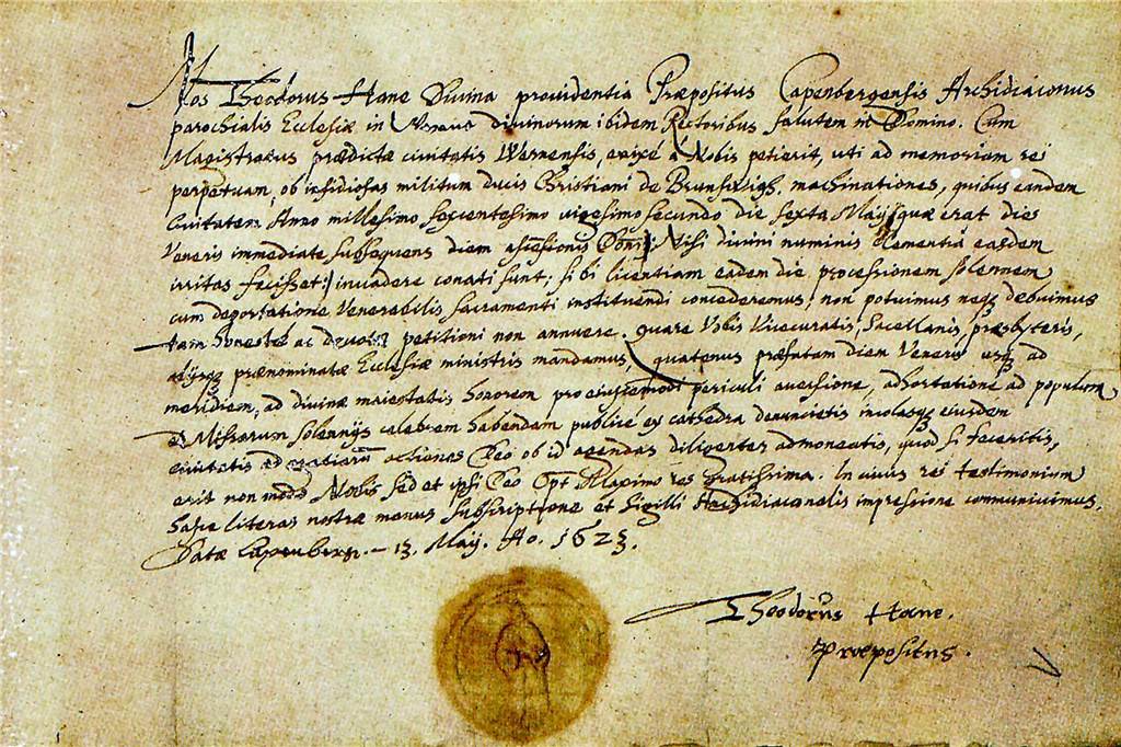 Historisches Stadtspiel: Woher wissen wir so viel über die Zeit um 1600? Diese Urkunde wurde von Theodor Hane unterzeichnet.