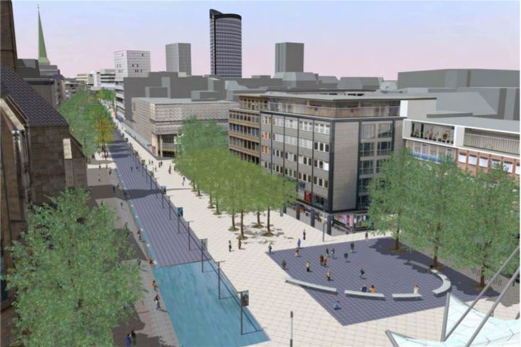 Diese Visualisierung ist schon gut zehn Jahre alt. So soll der Boulevard Kampstraße in Dortmund mit Wasserlauf, Wasserbecken und Lichtband vom Reinoldi-Pylon aus mal aussehen.