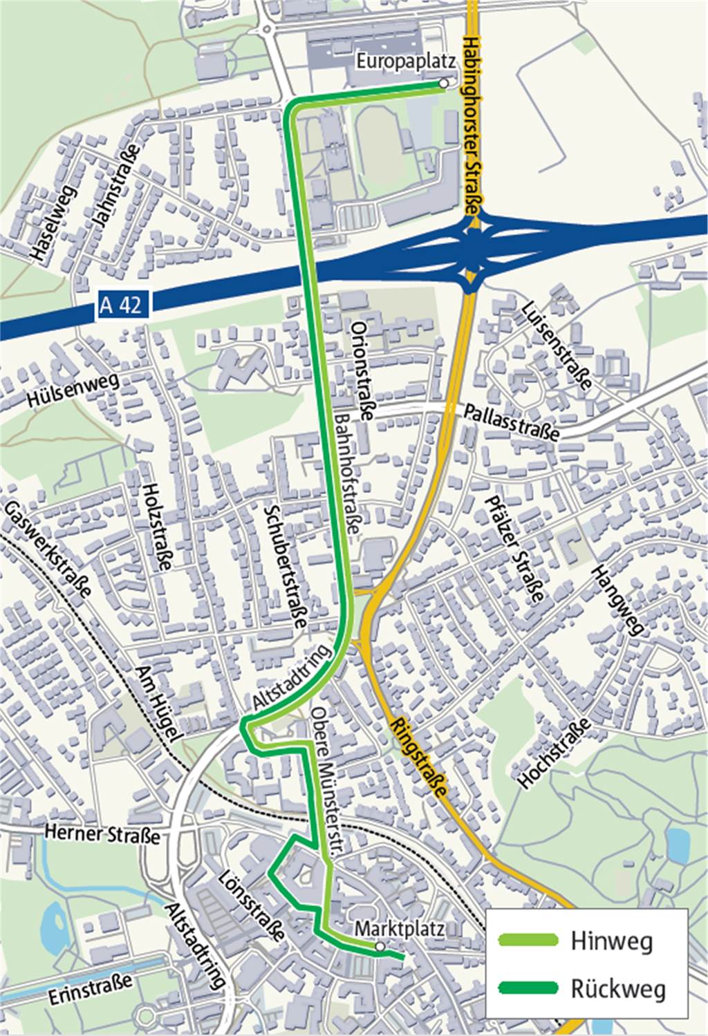 Deshalb müsssen sie am Freitag in Castrop-Rauxel mit Verkehrsbehinderungen rechnen Diese Wege wird der Demonstrationszug nehmen. Der Hinweg ist in hellgrün eingezeichnet, der Rückweg in dunkelgrün.