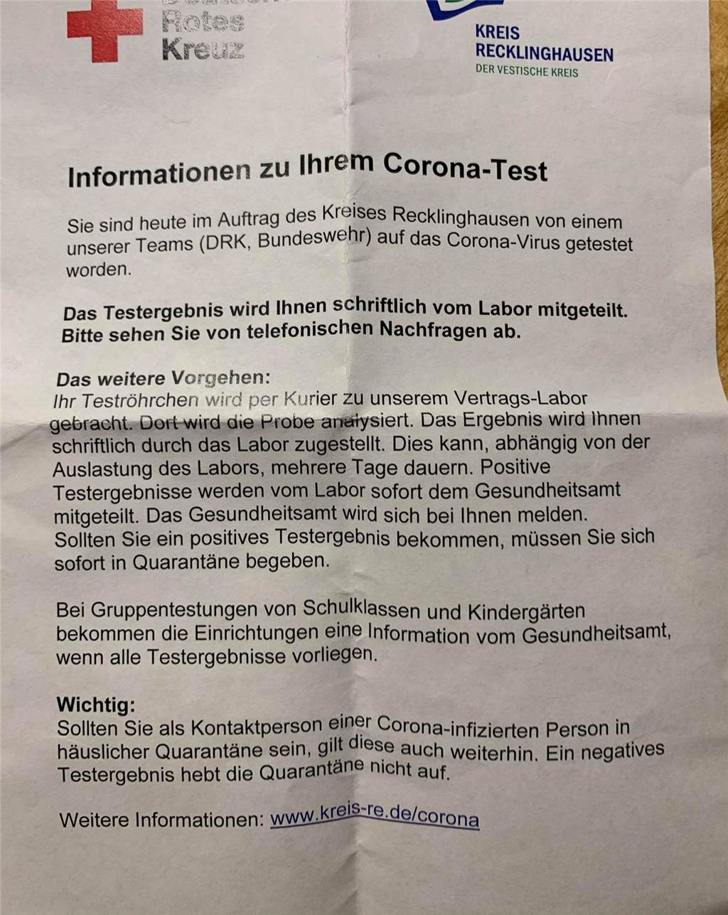 Mein erster Corona-Abstrich, die Gedanken und das Warten aufs Ergebnis Diesen Handzettel haben viele Ratsmitglieder beim Abstrich erhalten. Ich irgendwie nicht.