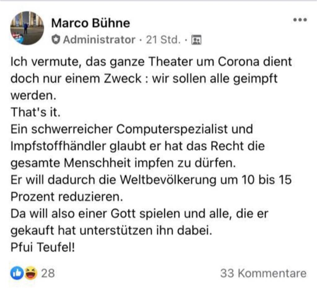 Bürgermeisterkandidat aus Dorsten glaubt an Corona-Verschwörung Diesen Post hat Marco Bühne am Wochenende in der privaten Facebook-Gruppe "Wir sind Dorsten" veröffentlicht.