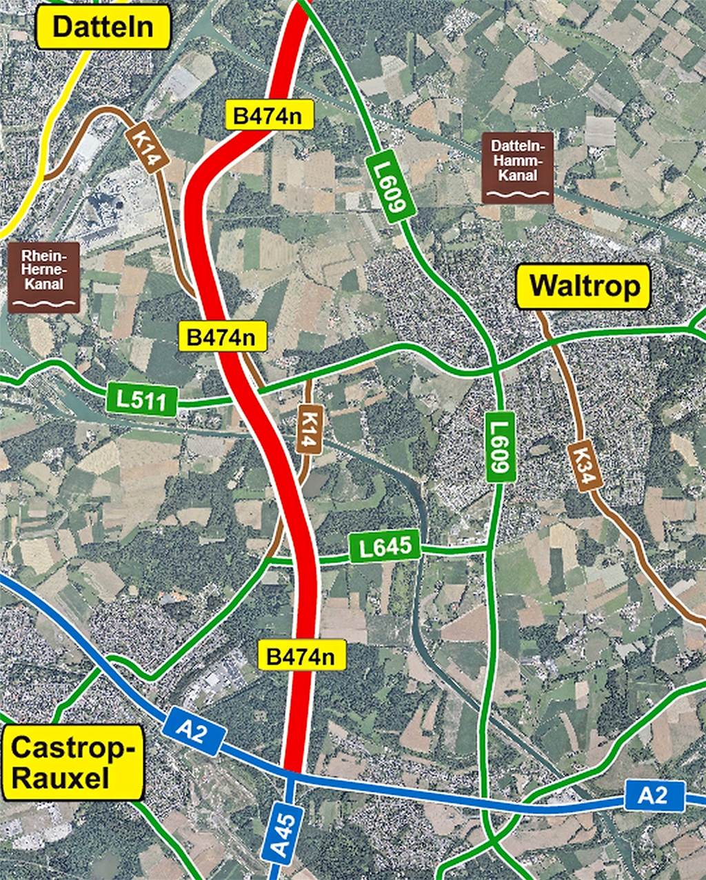 Diesen Verlauf soll die B 474n im Bereich der Ortsumgehung Waltrop nehmen.