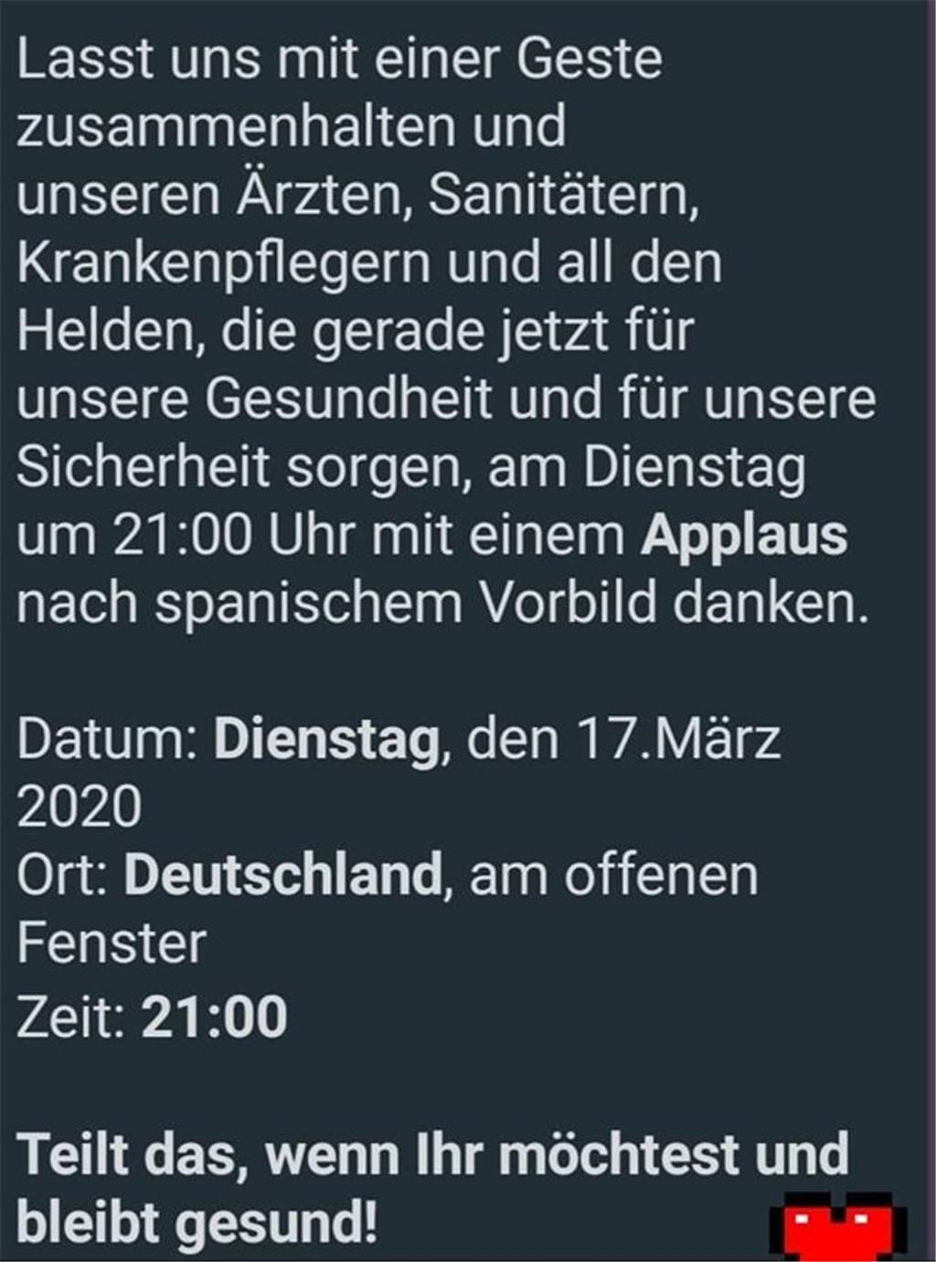 Aufruf für Dienstag: Castrop-Rauxel spendet Beifall für die Helfer in der Corona-Krise Dieser Aufruf kursiert derzeit in den sozialen Netzwerken und bei WhatsApp.