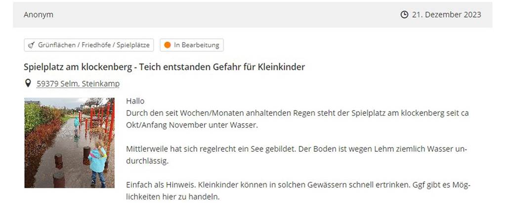 Dieser Hinweis auf einen überfluteten Spielplatz ist einer von mehr als 20 derzeit sichtbaren Einträgen im Online-Mängelmelder-Portal der Stadt Selm. Der Hinweis befindet sich seit dem 21. Dezember im Status "in Bearbeitung".