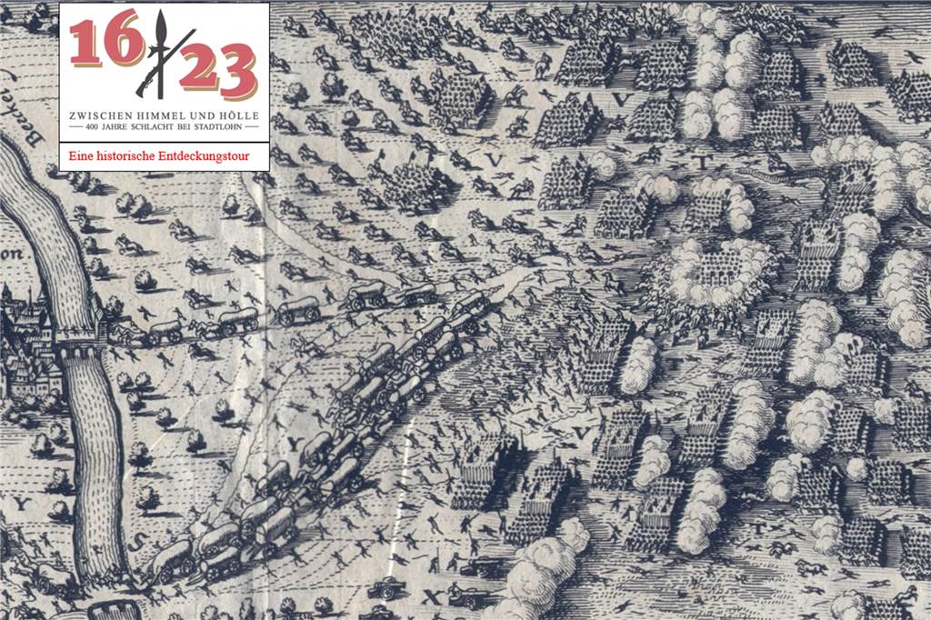 Fahrradroute, Buch und Bier: 2023 jährt sich die Schlacht bei Stadtlohn zum 400. Mal Dieser Merian-Kupferstich zeigt die Schlacht im Lohner Bruch vom 6. August 1623. Er schmückt auch das Faltblatt zum Gedenkjahr.