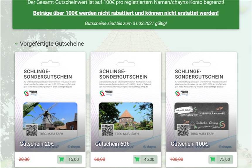 Schlinge-Sondergutscheine: Wer noch einen kaufen will, muss sich beeilen Dieser Screenshot von der Internetseite des Schlinge-Shops zeigt die drei vom kommunalen Haushalt gesponserten Gutscheine, die in Südlohn und Oeding eingelöst werden können.