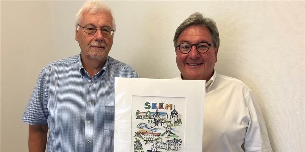 30 Jahre Wikult Selm: Wo Wirtschaft und Kultur eine Symbiose bilden Dieses Bild mit markanten Punkten Selms schenkt der Wikult Selm, hier mit dem Vorsitzenden Helmut Jahnke (r.) und dem zweiten Vorsitzenden Udo Risse, Gästen Selms.