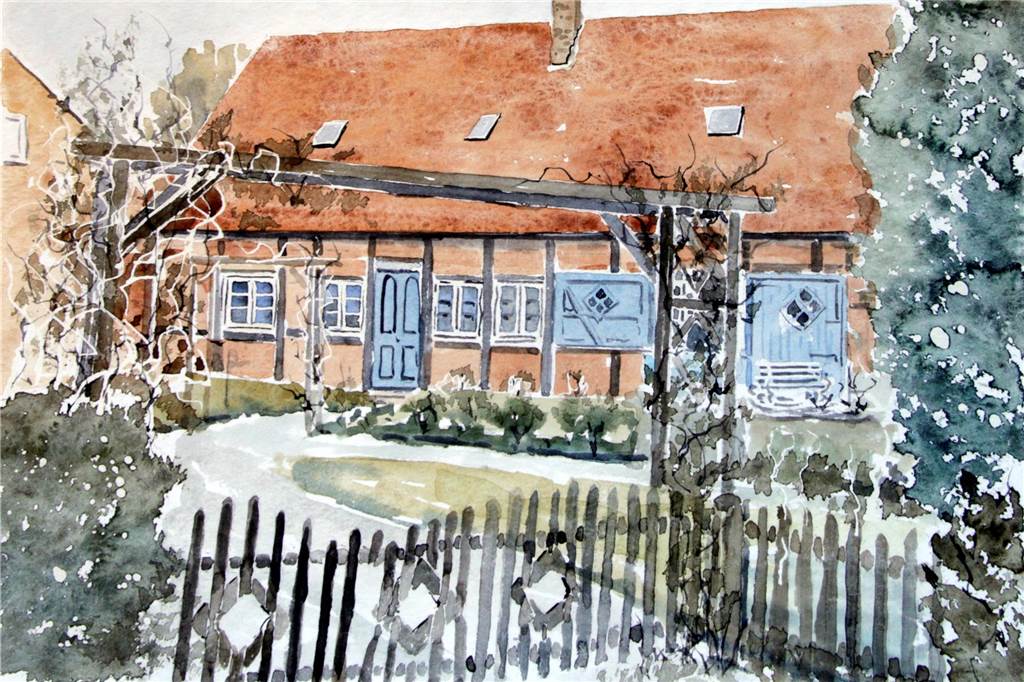 Pfarrhaus und historisches Fachwerk: Kalender 2026 ist in Arbeit Dieses Fachwerkhaus an der Dorfstraße in Sythen hat Manfred Vorholt als Aquarell gemalt.