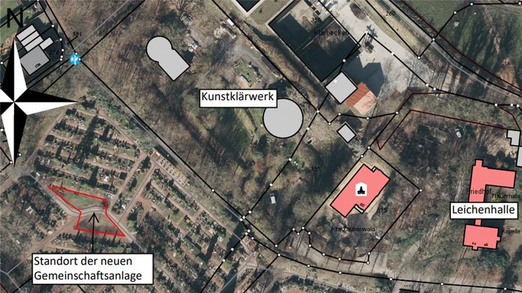 Ein Luftbild zeigt den geplanten Standort der neuen Gemeinschaftsanlage.