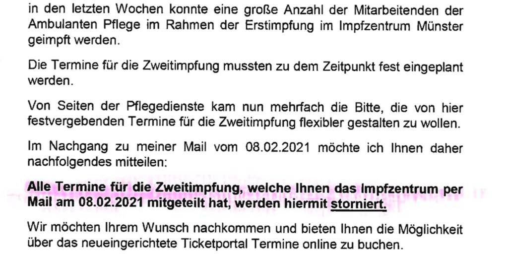 Impfzentrum storniert alle Termine für ambulanten Pflegedienst aus Werne Dieses Schreiben hat der Pflegedienst Julia am Dienstag (23. Februar) von der Stadt Münster erhalten.