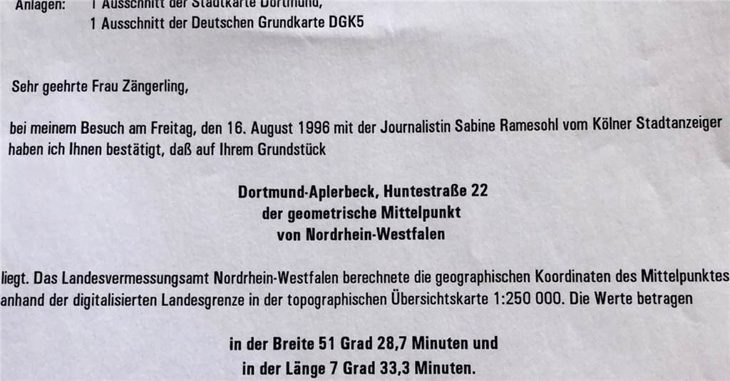 Liegt die Mitte von NRW wirklich in der Aplerbecker Mark? Es gibt Zweifel an dem Ort Dieses Schreiben (hier ein Ausschnitt) erhielt die Familie Zängerling.