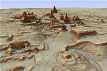 Dieses vom PACUNAM (Guatemala's Mayan Heritage and Nature Foundation) zur Verfügung gestellte, durch LiDAR Luftbildvermessung hergestellte 3D-Bild zeigt eine Darstellung der Ausgrabungsstätte einer Maya-Stadt. Foto: Canuto & Auld-Thomas/PACUNAM