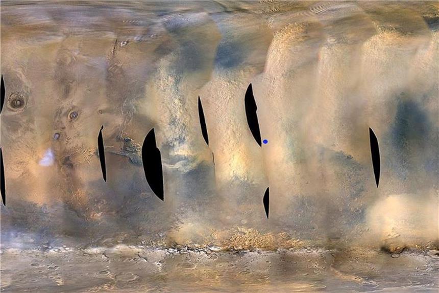 Staubsturm wütet: Mars-Rover „Opportunity“ muss pausieren Dieses von der NASA zur Verfügung gestellte Bild zeigt einen Sandsturm auf dem Mars, aufgenommen vom Mars Reconnaissance Orbiter. Foto: NASA/JPL-Caltech/MSSS