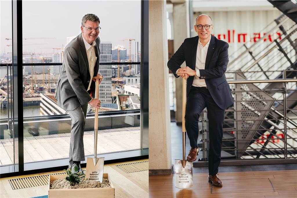 Neuer „Logistik-Hotspot“: Hellmann richtet größtes Lager der Welt für Wilo in Werne ein Digitaler Spatenstich für das neue Zentrallager für Wilo in Werne: Jan Dietrich Hempel, Geschäftsführer von Investor Garbe Industrial Real Estate (l.) und Volker Sauerborn, Chief Operator Officer Contract Logistics, von Mieter Hellmann Contract Logistics.