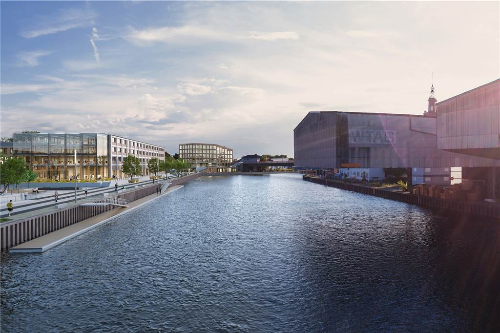 Direkt am Stadthafen entstehen das Lensing Media Port in einem der alten Speichergebäude (links) und ein Büro-Neubau (links hinten).