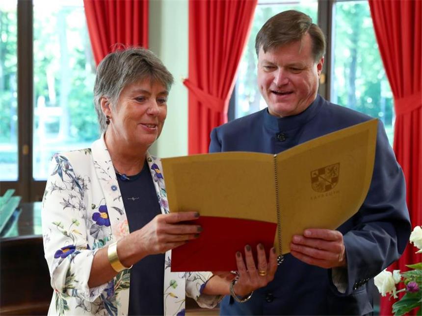 Dirigenten Christian Thielemann und die Bayreuther Oberbürgermeisterin Brigitte Merk-Erbe im Haus Wahnfried in Bayreuth. Foto: Daniel Karmann