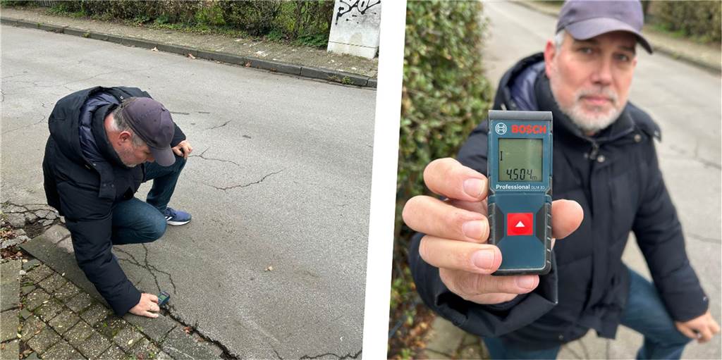 Geplante Einbahnstraße sorgt bei Anwohner für Frust Dirk Ebbinghaus misst die Breite der Straße