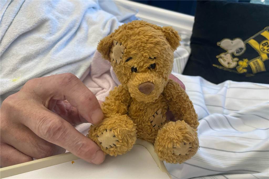 Dirk und Rosi heiraten im Klinikum nach Koma und zwei Wiederbelebungen Ein Teddybär ist zu sehen. Dirk hält ihn aus seinem Krankenbett in die Kamera.