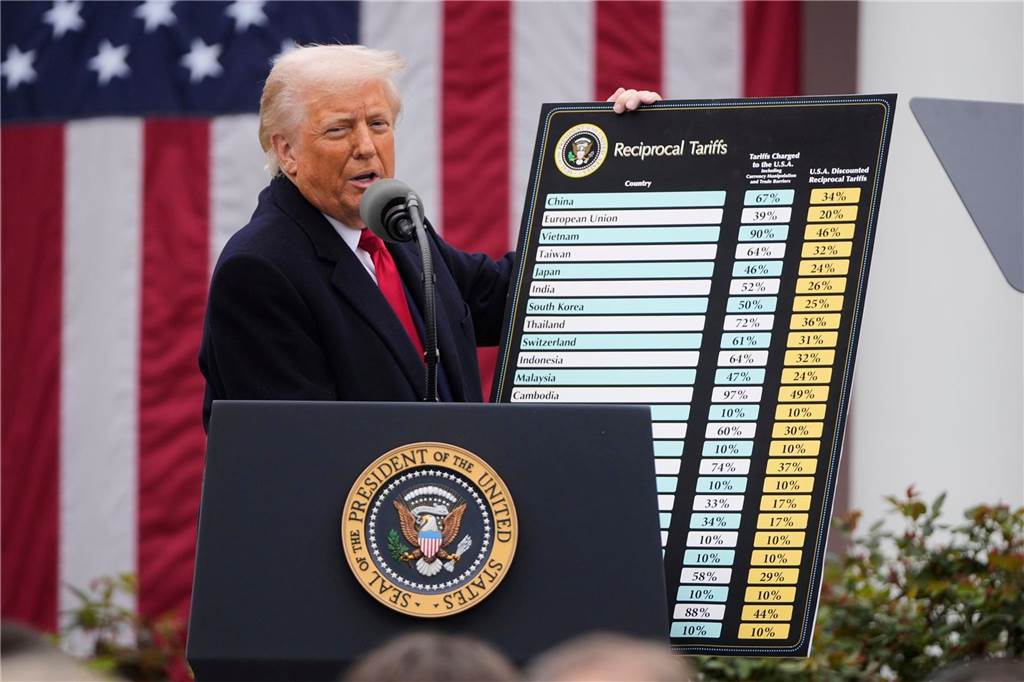 Donald Trump präsentiert Zollpläne: EU-Kommission kündigt Gegenmaßnahmen an US-Präsident Donald Trump spricht während einer Veranstaltung zur Ankündigung neuer Zölle im Rosengarten des Weißen Hauses.