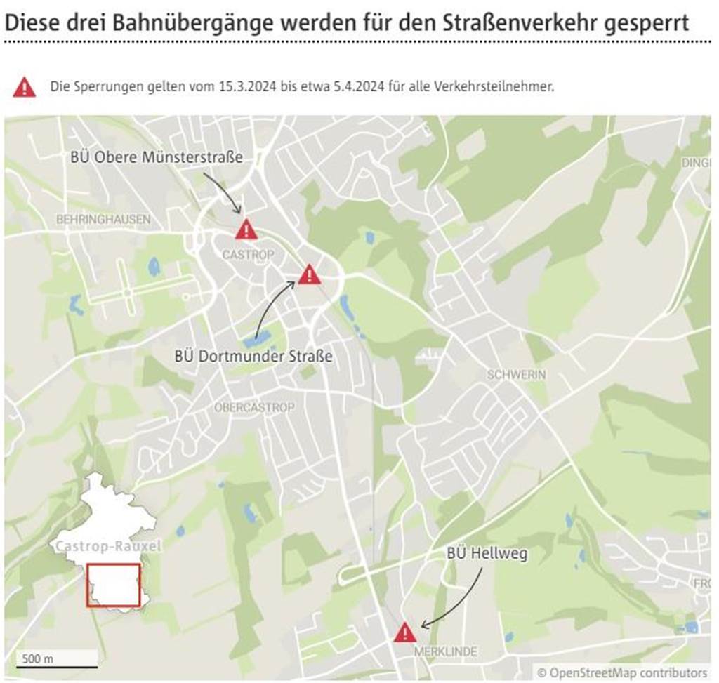 Altstadt-Bahnübergänge gesperrt: So können Sie sie am besten umfahren Drei Bahnübergänge entlang der RB43 / Emschertalbahn werden vom 15.3. bis 5.4.2024 gesperrt.