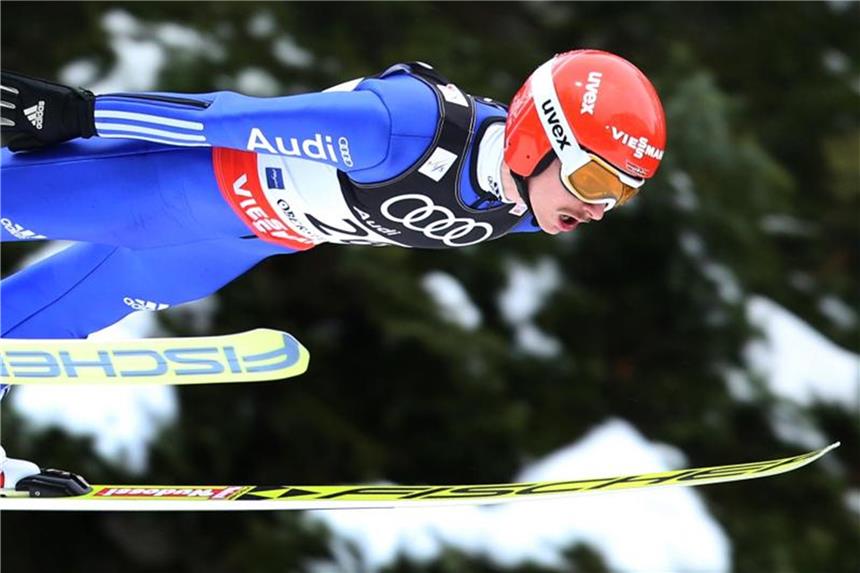 DSV-Adler planen den Coup ohne Frontmann Freund DSV-Ass Richard Freitag beim Training der Skiflug-WM in Oberstdorf. Foto: Karl-Josef Hildenbrand