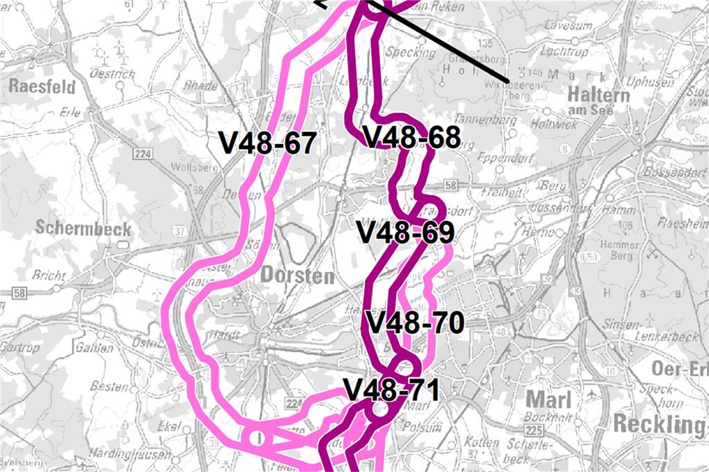 Dirk Hensen (Amprion): Höchstspannungsleitung durch Dorsten geplant Dunkler markiert ist der von Amprion bevorzugte Trassenverlauf der Höchstspannungsleitung durch Dorsten.