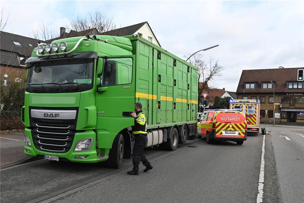 Schwerer Unfall in Wulfen: Mädchen auf Schulweg von LKW erfasst Ein Polizist steht am Lkw.