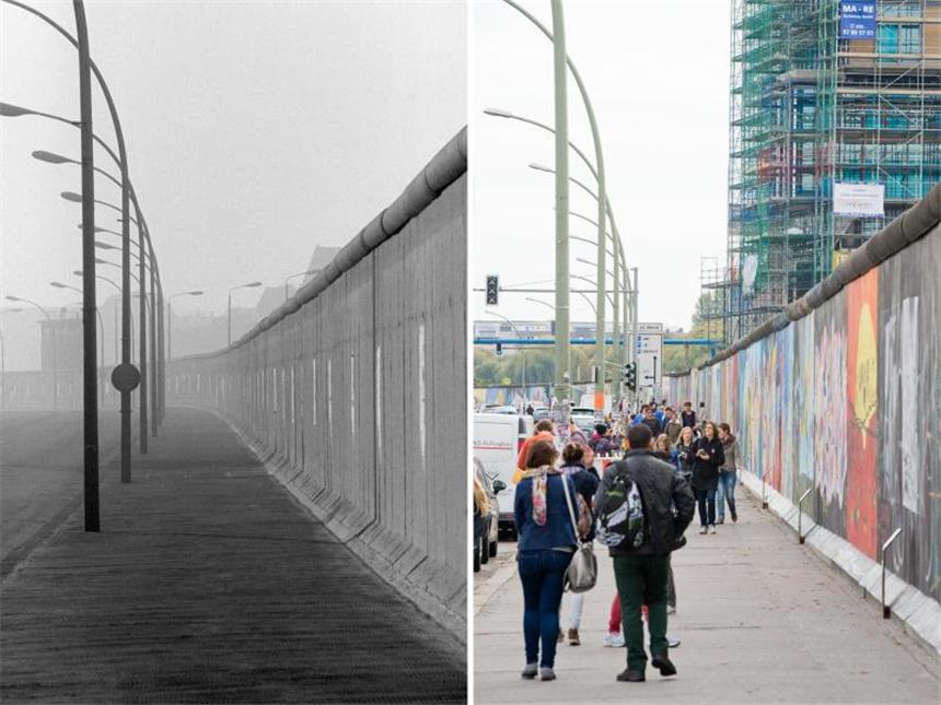 Gedenken an Mauerbau vor 54 Jahren Ein Abschnitt der Berliner Mauer in der Mühlenstraße - links 1990, rechts 2014. Foto: Eberhard Kloeppel/Lukas Schulze/Archiv