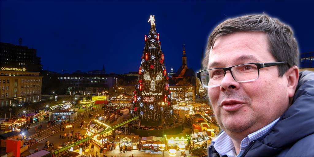 Aufbau-Start für Riesen-Tanne: Dortmunds Schausteller-Chef nennt Termin Die Riesentanne leuchtet auf dem Dortmunder Weihnachtsmarkt. Rechts im Bild: Schausteller-Chef Patrick Arens