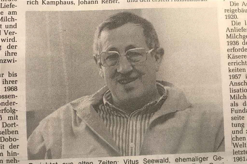 Vorzeigeobjekt wird Schandfleck: Absturz der Molkerei Selm „tut weh“ Ein Ausschnitt aus den Ruhr Nachrichten vom 11. Juli 1990: Vitus Seewald, der letzte Geschäftsführer der Selmer Molkerei, erinnerte sich. an seine Arbeit in Selm Von 1955 bis 1968 war er dort tätig., danach In Bochum. 1987 ging er In Pension.