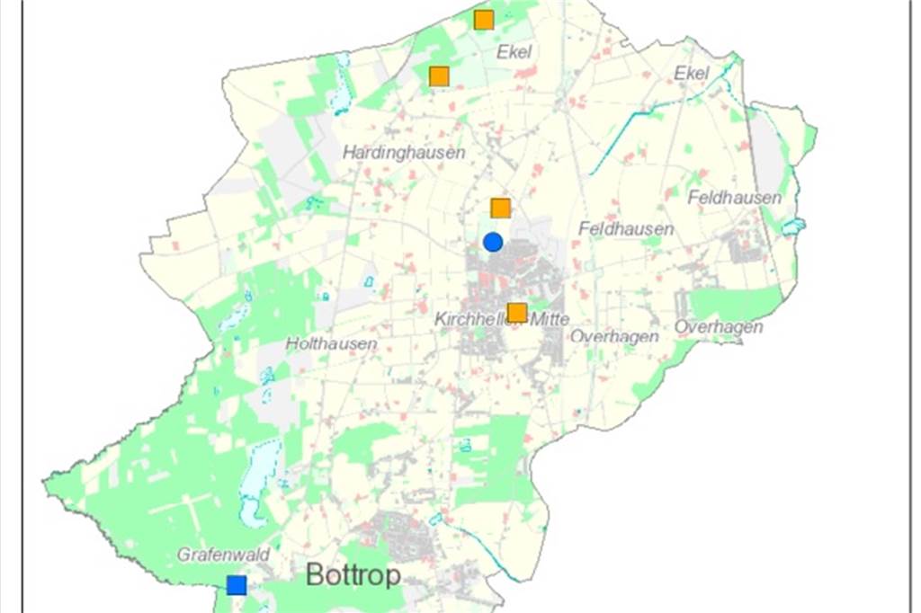 Gefährliche Ausbreitung von Stauden: Stadt erstellt Mehrjahresplan Die Karte der Stadt Bottrop zeigt die Befallsflächen der Herkulesstaude und des Staudenknöterichs.