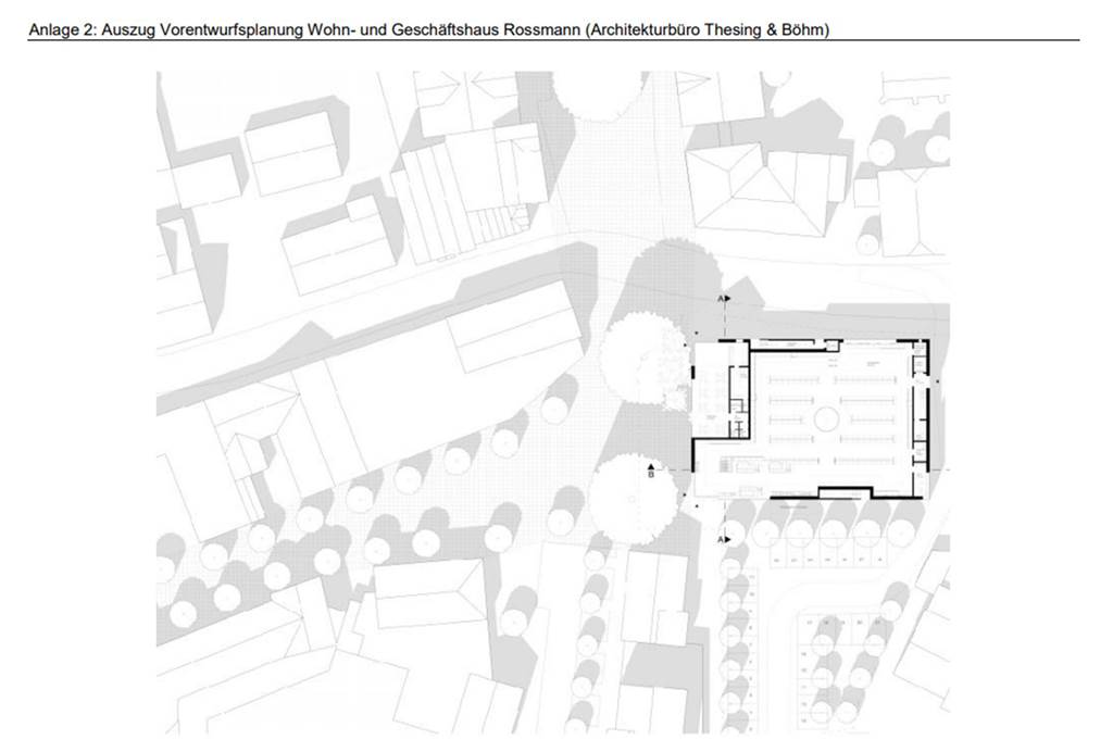 Raesfeld muss bis September Fördermittel für Ortskern-Umbau beantragen Hier ein Auszug der Vorentwurfsplanung des Wohn- und Geschäftshauses Rossmann vom Architekturbüro Thesing & Böhm.