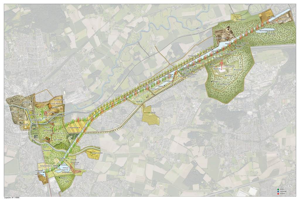 Herbert Hamann besorgt: Will Lünen 37 große Bäume für IGA-Radweg opfern? Ein Band entlang von Kanal und Lippe zwischen Bergkamen und Lünen: So könnte der „Zukunftsgarten“ als Teil der IGA 2027 aussehen. Auf Lüner Gebiet ist der geplante Radweg etwa 20 Kilometer lang.