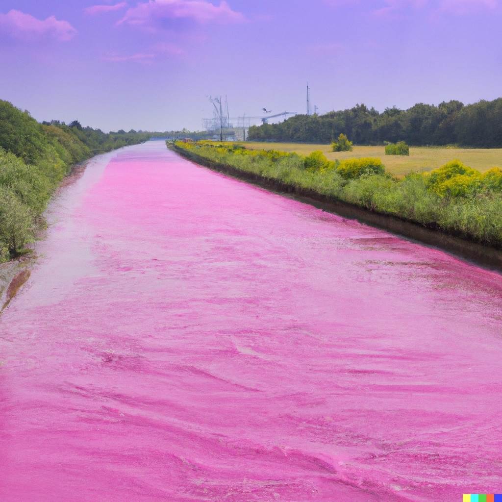 Die Emscher mit pinkem Wasser