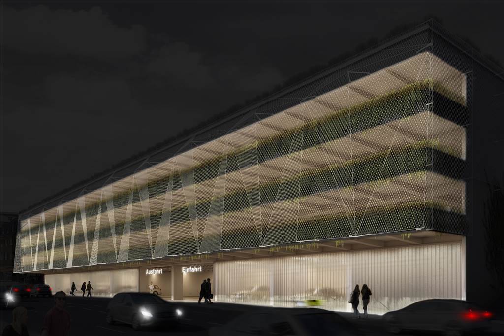 Altes Schmuddel-Parkhaus an der Faßstraße wird zum grünen Hingucker Ein durchdachtes Beleuchtungskonzept macht das Parkhaus demnächst nachts zum Hingucker.