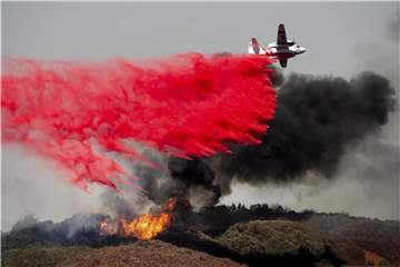 Ein Flugzeug lässt Löschmittel auf einen Waldbrand fallen. Foto: Noah Berger/AP