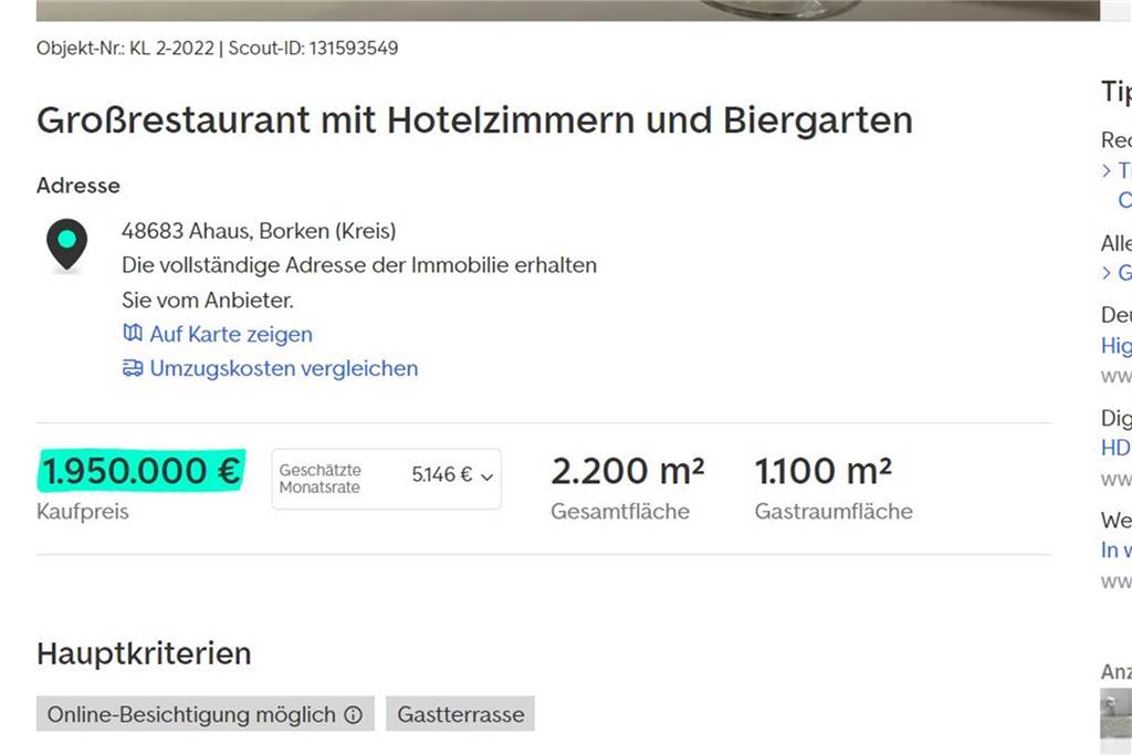 Makler will Hotel und Restaurant in Ahaus für 1,95 Millionen Euro verkaufen Ein Großrestaurant in Ahaus für 1,95 Millionen Euro. Das Angebot steht weiter online, die Adresse stimmt aber nicht. Laut Aussage des Maklers befinde sich das Objekt "im Münsterland, aber nicht in Ahaus."