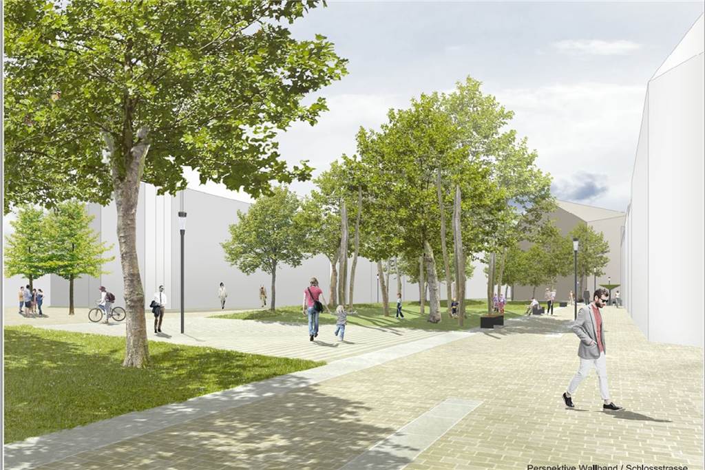 Pläne für Ahauser Wallstraße: Promenade, Außengastronomie und deutlich weniger Parkplätze Ein grünes Wallband zieht sich durch die Wallstraße als Pendent zum roten Marktband an der Marktstraße.