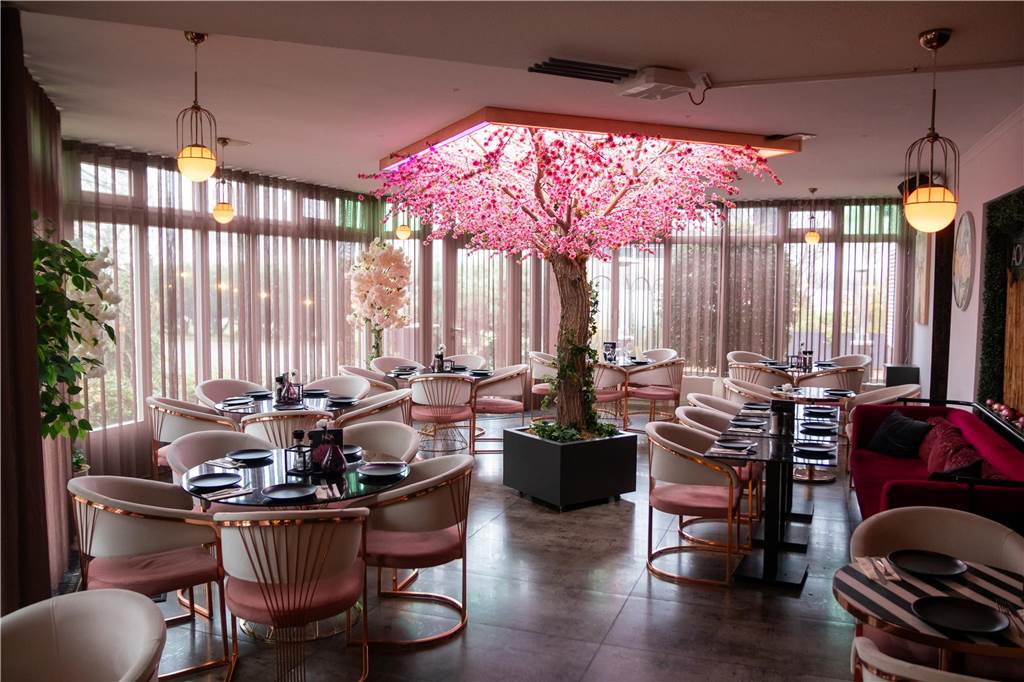 Noa Garden im Heidehof: Paradiesisch speisen in Dschungelatmosphäre Ein Kirschbaum in voller Blüte erwartet die Gäste im elegant eingerichteten Wintergarten.
