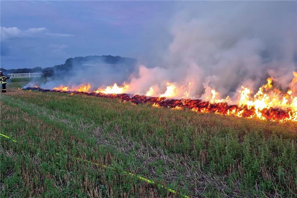 freiwillige Feuerwehr übt die Bekämpfung von Feld- und Wiesenbrände Ein Landwirt hatte sein Feld für die gemeinsame Übung des Löschzuges Stockum und der Löschgruppe Holthausen zur Verfügung gestellt.