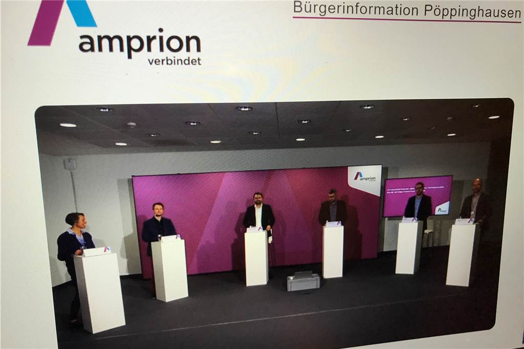 Ein Moderator und fünf Amprion-Experten im Raum, ein Jurist per Video zugeschaltet: Diese Runde beantwortete die Fragen der Pöppinghausener zum Ausbau der Stromleitungen und Umspannanlage auf 380 kV. 