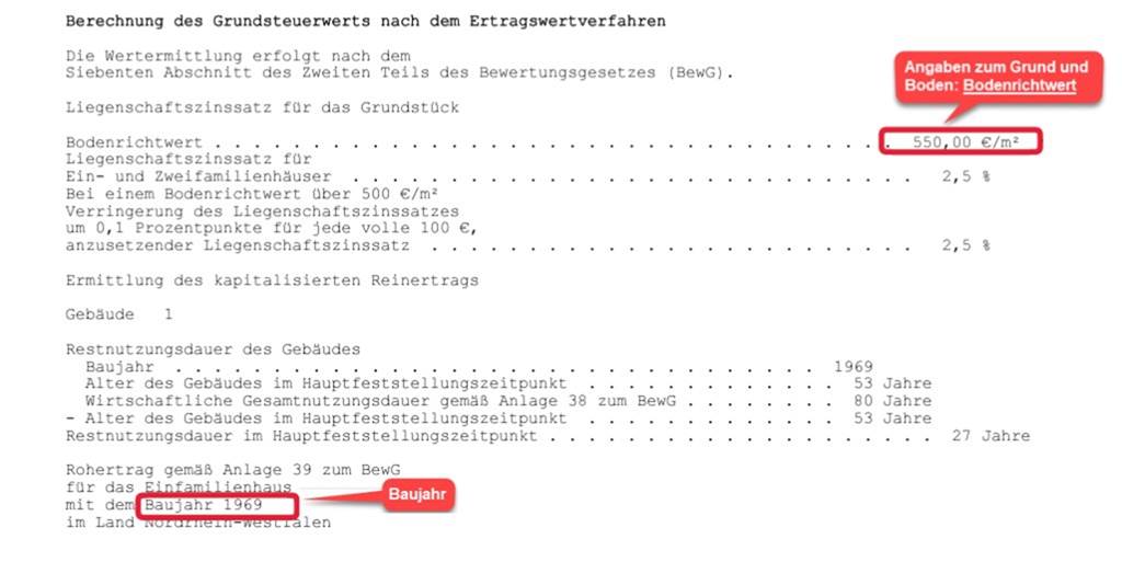 Grundsteuerbescheid: Wie Sie die Briefe des Finanzamtes prüfen Ein Musterbeispiel für einen Grundsteuerwertbescheid mit markierten Werten