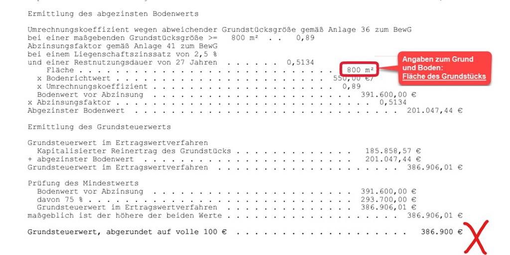 Grundsteuerbescheid: Wie Sie die Briefe des Finanzamtes prüfen Ein Musterbeispiel für einen Grundsteuerwertbescheid mit markierten Werten