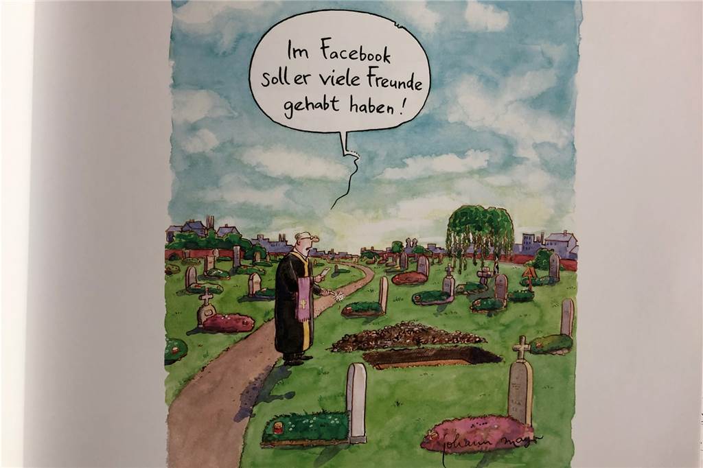 Provokant und wichtig: Karikaturen in Selm reißen Tod aus der Tabuzone Ein Pfarrer allein bei einer Beerdigung. Traurig, aber auch nachdenklich machend.